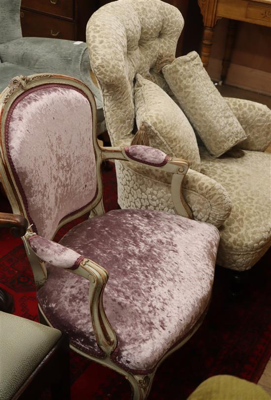 A Louis XVI design fauteuil and a Victorian buttoned chair